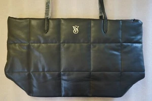 Victoria's Secret Black Tote Bag Quilted Faux Leather Gold Logo 18 x 11 - Picture 1 of 4