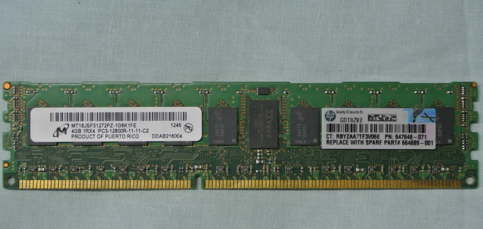 HP 4GB PC3-12800R 1RX4 1600Mhz ECC Server RAM Memory 647895-B21 664689-001 - Image 1 of 1