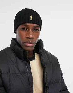 NEW ralph Lauren BLACK MERINO cool polo PONY 1SFA BEANIE HAT CAP UNISEX WINTER - Picture 1 of 10