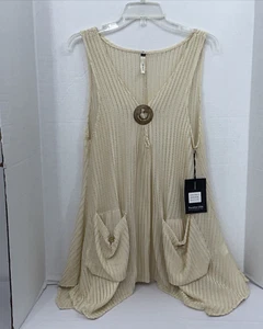 Women Ivory Crochet Tank Swim Cover Up Pockets Lagenlook Beach Vacay Summer Boho - Picture 1 of 9