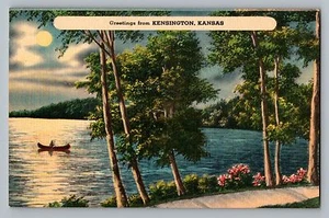 Kensington Kansas KS Greetings Lake Scene Canoe Linen Postcard 1930-45 - Picture 1 of 2