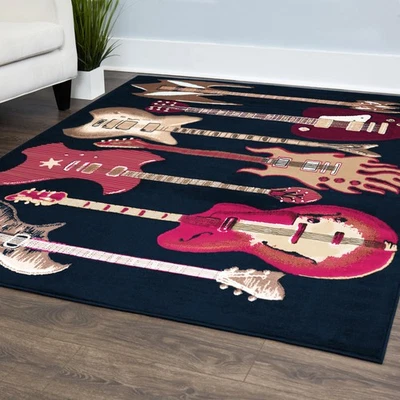 Guitarra Acústica Alfombra Negra Alfombra Guardabarros Roja Nueva - Actual 3' 7" x 5' 3" Foto 1 de 4