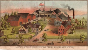 Tarjeta comercial victoriana de 1881 de fábrica/sala de estar polaca Rising Sun Stove - Imagen 1 de 2
