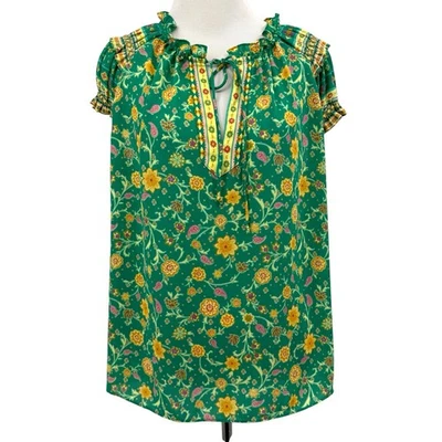 Top Campesino Aireado Boho Cuello Dividido Floral Verde Current Air Anthropologie Talla M Foto 1 de 4