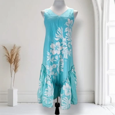 Vintage Royal Creations Hawaiian Muumuu Dress Size S Blue Floral Ruffle Hem Tiki - Image 1 of 4
