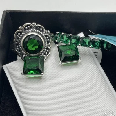 925 Sterling Silver Lab Created Emerald Nano Vintage Ring Earrings Set Size 7 - Image 1 of 4