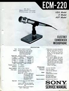 Sony ECM-220 Electret Micrófono Condensador Manual de Servicio - Imagen 1 de 2