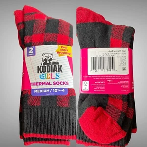 Girls Socks Size M 10.5-4 KODIAK Thermal Warm Soft 2 Pair Red & Black Check New - Picture 1 of 6