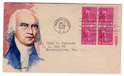 #808 Presidential Series James Madison 1938 FDC - Hand-painted Vaughn Hord A/O - Image 1 of 2
