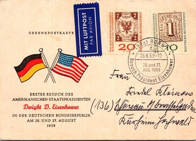 ГЕРМАНИЯ 1959 ИЛЛЮСТРИРОВАННАЯ ОТКРЫТКА PRES. ВИЗИТ ЭЙЗЕНХАУЭРА ГЕРМАНИЯ CANC BONN - Изображение 1 из 2