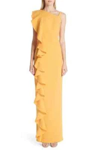 RACHEL GILBERT Canary Yellow Side Ruffle Frill Stretch Crepe Maxi Gown 6 US = S - Picture 1 of 12