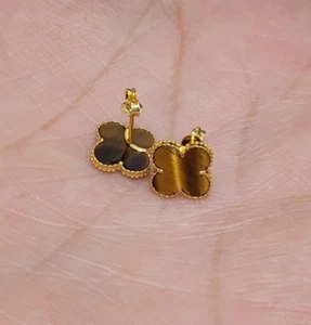 18k saudi gold Stud tiger eye Clover Earrings 10mm - Picture 1 of 6