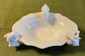 Cute Porcelain Floral Design Cream Color Candy Dish with Climbing Bunnies - Picture 1 of 6