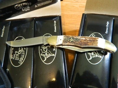 GERMAN BULL KNIFE, 5 1/4" 2 BLADE GERMAN STAINLESS FOLDER DEER STAG HANDLE NYLON - Image 1 of 4