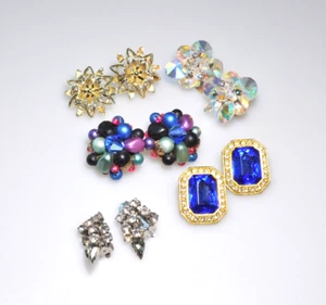 SET Vintage Now Clip Ohrringe Strass Cluster AB blau goldfarben 1 signiert LL52 - Bild 1 von 12