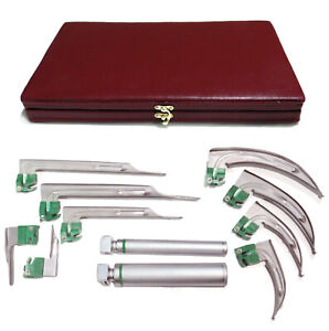 EMT Anesthesia Fiberoptic Laryngoscope 9 Blades Mac Miller + 2 Handles + Box Set