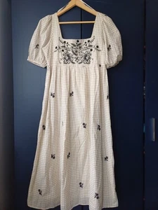 Primark Cream Black Embroidered Check Midi Dress Prarie Boho UK 10 12 - Picture 1 of 9