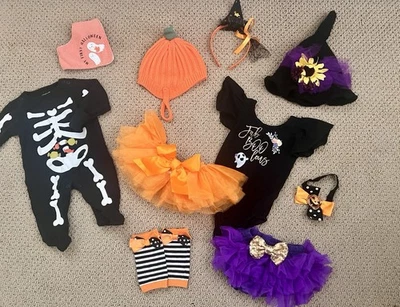 Halloween Infant Girl Sz. 0-6 Mos. Sleeper,Skirts,Hats,Bib,Hair ribbon, Leg Warm - Image 1 of 4