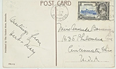 Historia postal de las Bermudas: postal de 1935 a Cincinnati, Ohio Foto 1 de 2