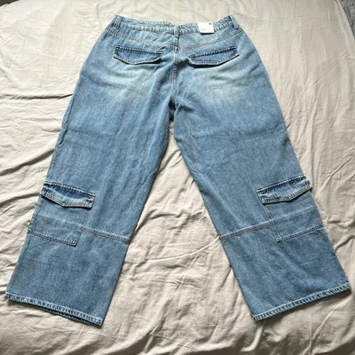 FOREVER 21+ Cargo Jeans Size 16 Light Wash Distressed Baggy Wide Leg Premium NWT - Image 1 of 4