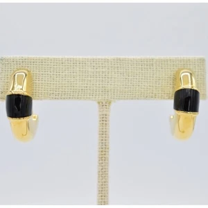 Givenchy Vintage Earrings Black Enamel Chunky Hoop Heavy Gold Signed 1980s 9C - Picture 1 of 11
