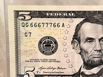 $5 Dollar Bill - 2 Triples One Pair Fancy Serial Number VERY RARE #66677766  - Image 1 of 4