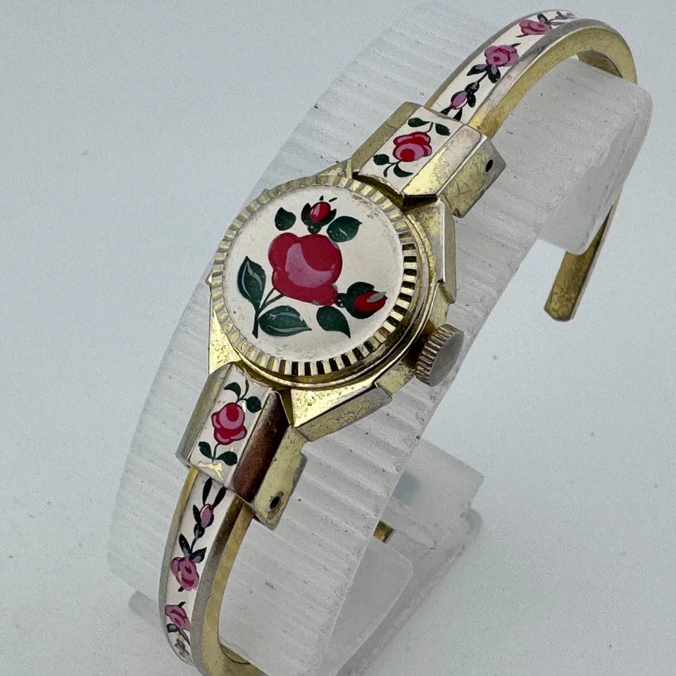Reloj Mecánico Suizo de Colección Alfex Cuerda Manual Mujer Tono Dorado Esmalte Flor Brazalete Foto 1 de 4