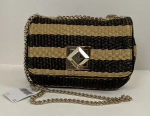 Kate Spade Stripe Straw Handbag Purse Crossbody Chain Black Tan - Picture 1 of 8