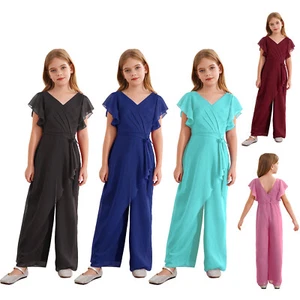 Kids Girls Overalls Chiffon Rompers Wide Leg Jumpsuit Prom Bodysuit Communion - Picture 1 of 60