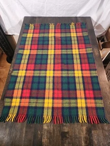 Vtg 42x31" Wool Fringed Green Yellow Red Plaid Throw Blanket - Picture 1 of 3