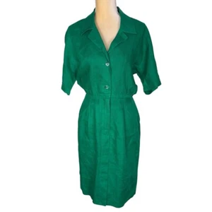 Linda Allard For Ellen Tracy Green Linen Collared Button Front Dress Size 10 - Picture 1 of 12