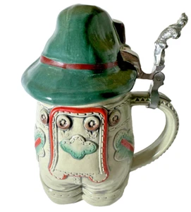 VTG West Germany Gerz Lederhosen Beer Stein With Ceramic Green Hat Lid - Picture 1 of 7