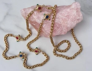 1980s MOGUL/BYZANTINE Style Glass Cabochon PALMA Chain Station Necklace, Plated - Picture 1 of 23