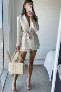 BLAZER OTOMANO BEIGE CLARO ZARA CON CINTURÓN TALLA L REF. 2819/611 - Imagen 1 de 7