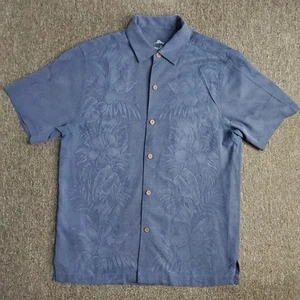 Tommy Bahama Hemd Herren mittelblau Seide Blumen Hibiskus geprägt Hawaii Camp - Bild 1 von 21