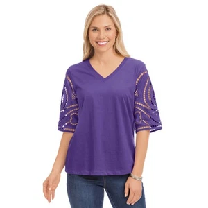 Collections Etc Women's Eyelet Sleeve V-neck Top Purple Large - Picture 1 of 4