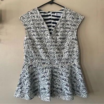 Blusa Peplum Sin Mangas Encaje Rayas Negra/Blanca 7th Ave NY & Co Nueva con Etiquetas Talla M Foto 1 de 4