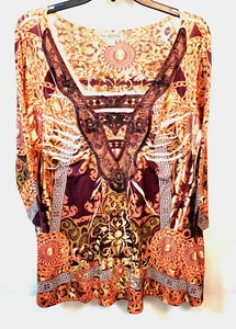 One World Live & Let Live Womens Multi Brown SZ 1X 3/4 Sleeves Crochet Top - Picture 1 of 14