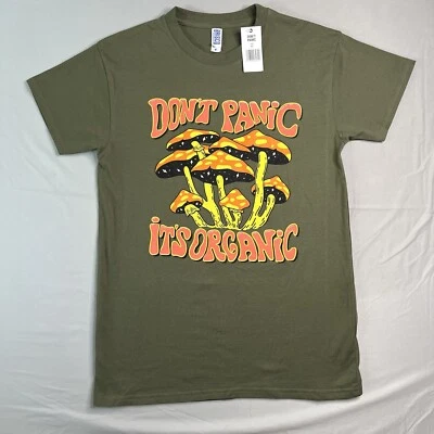 Don’t Panic T Shirt Adult Medium Green "Don't Panic It's Organic" Mushrooms NWTs - Image 1 of 4