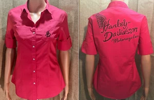 Harley Davidson Women's Small Shirt Wings Woven Cotton Embroidered Pink Black HD - Picture 1 of 12