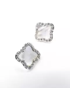 NEW 18kt White Gold Plated Crystal Mother Pearl Shell Quatrefoil Clover Earrings - Picture 1 of 7