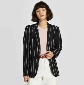 A New Day Women's Long Sleeve Striped Linen 2-Button Blazer (Size 2) Black B104 - Picture 1 of 4