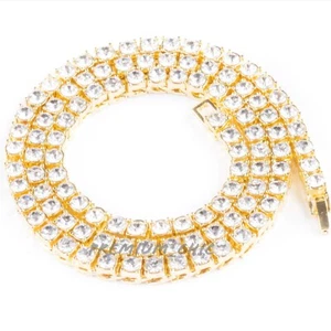 14k Gold Plated Tennis Chain Choker Clear CZ Stones Men's Hip Hop Necklace - Picture 1 of 14