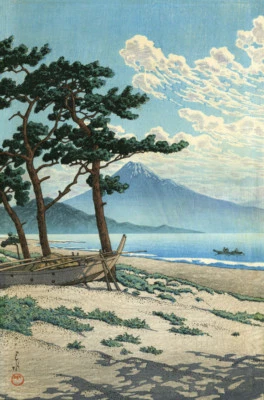 Japanese Art Woodblock Print, Pine Beach at Miho KAWASE HASUI Mt Fuji Shin Hanga - Image 1 of 2