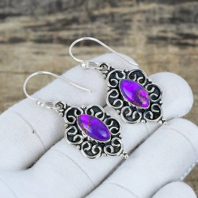Purple Spiny Turquoise Earrings 925 Sterling Silver Handmade Jewelry For Gift - Image 1 of 4