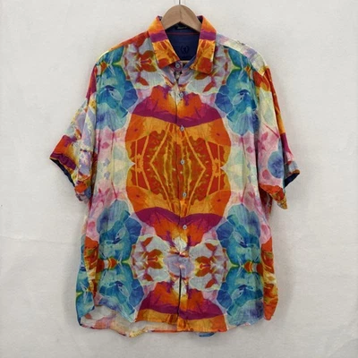 Bugatchi Shirt Mens Large Multicolor Linen Short Sleeve Abstract Button Up Art - Image 1 of 4