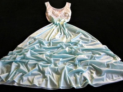 Vintage Silky Nylon Gown S Fitted Lace Bodice 110" Sweep Hem Blue NEW Adonna - Image 1 of 4