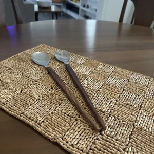 Mid Century Modern Stainless Steel & Wood Salad Servers Japan Fork Spoon - Picture 1 of 14