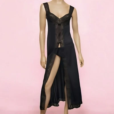 Camisón VASSARETTE Vintage Años 70 Crepelón Negro Largo Abierto Nylon Encaje Talla 34 Foto 1 de 4