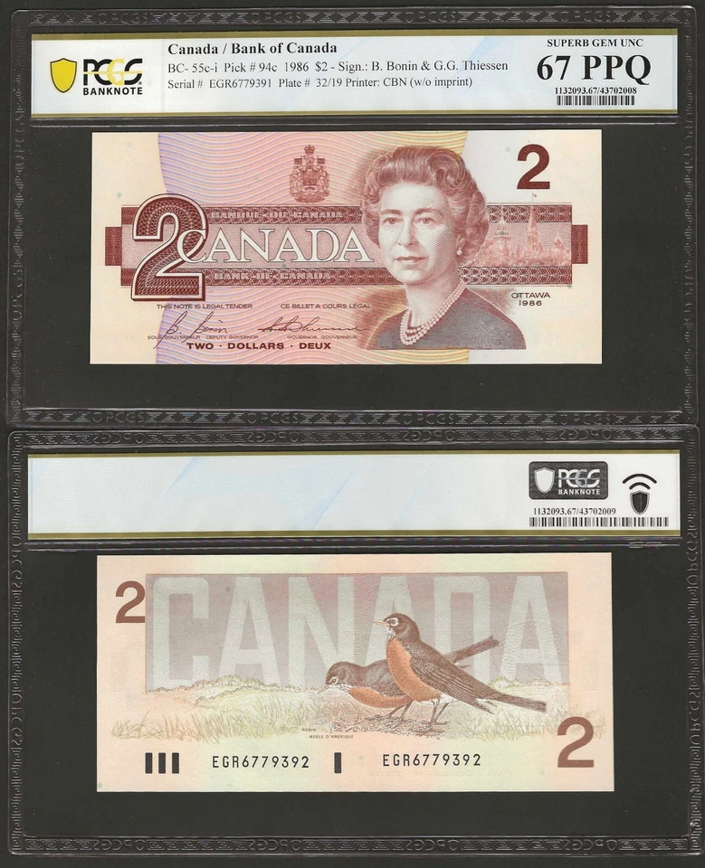 CANADA 2 Dollars 1986, BC-55c-i, Bonin, Thiessen, PCGS 67 PPQ Superb Gem UNC - Image 1 of 1